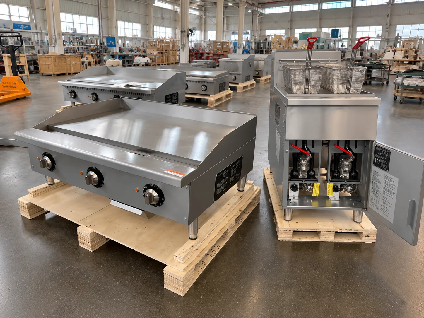 Gas griddle and gas fryer on pallets at final inspection
