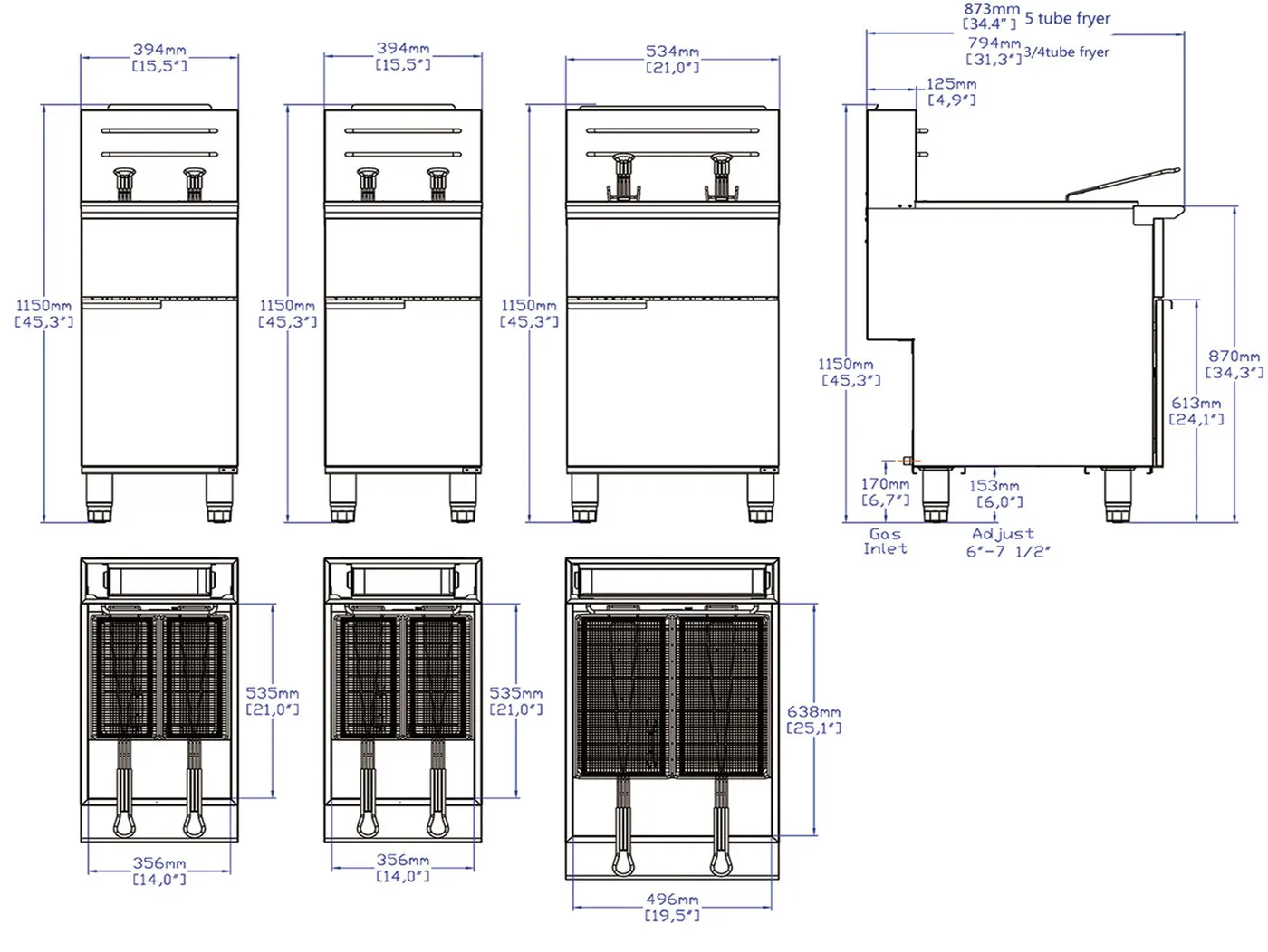 Gas Fryers · Millivolt Control: dimension drawing