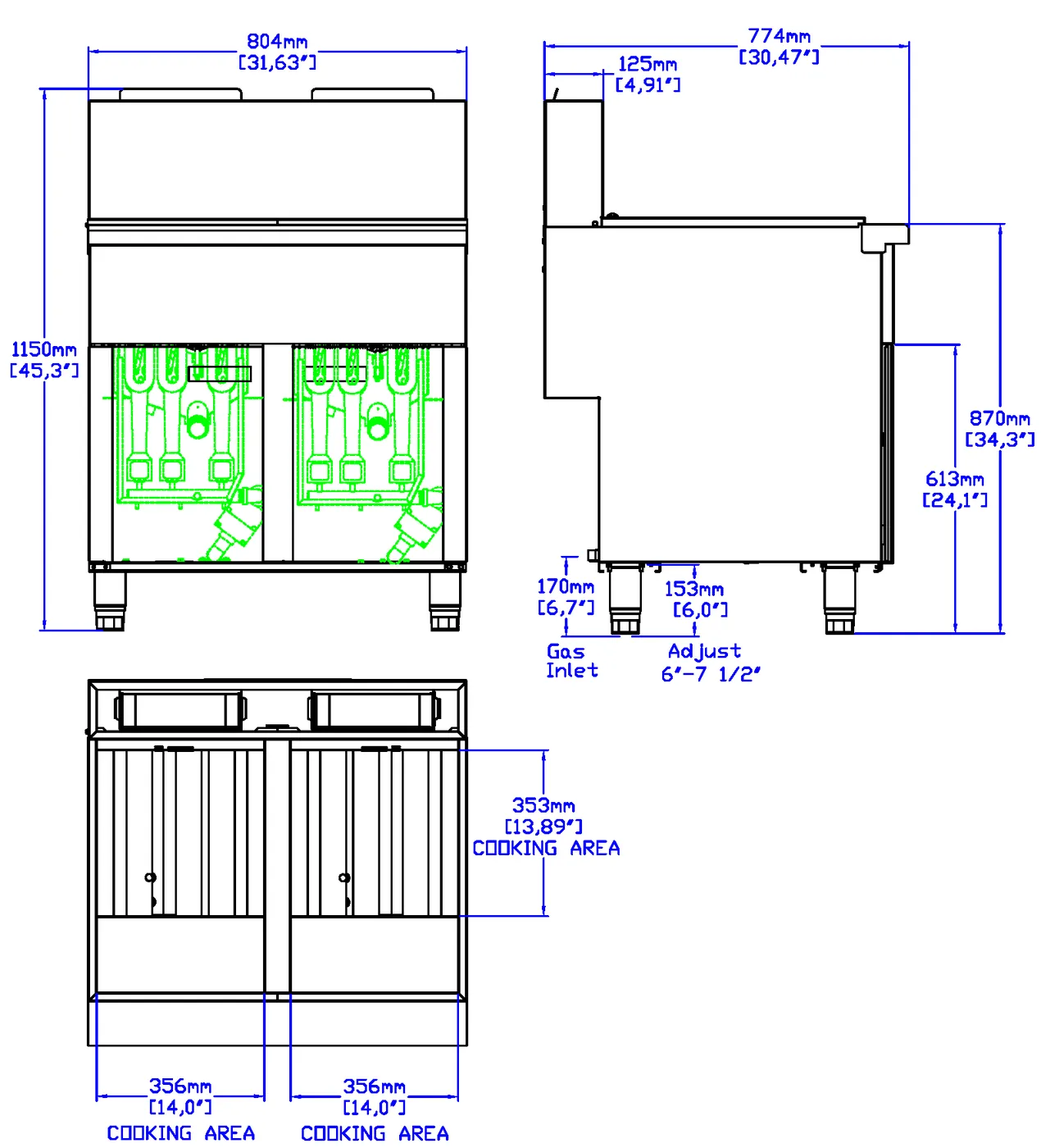 High-Output Split-Tank Gas Fryer: dimension drawing