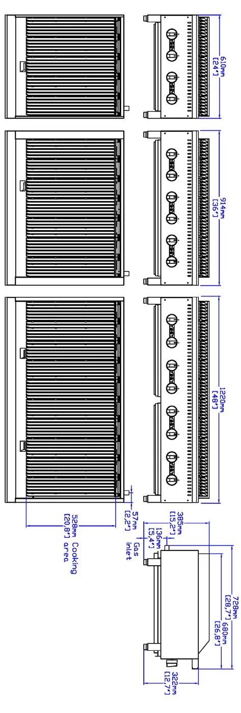 Heavy-Duty Gas Charbroilers: dimension drawing