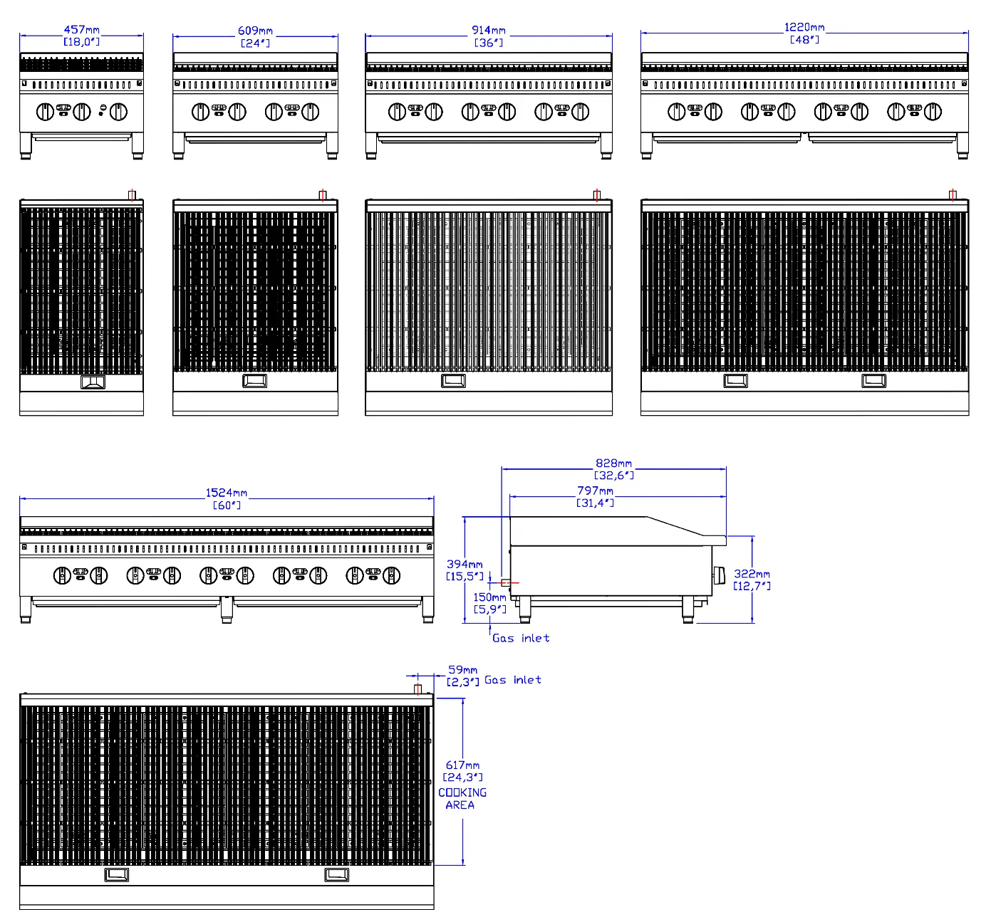 Deep Heavy-Duty Gas Charbroilers: dimension drawing