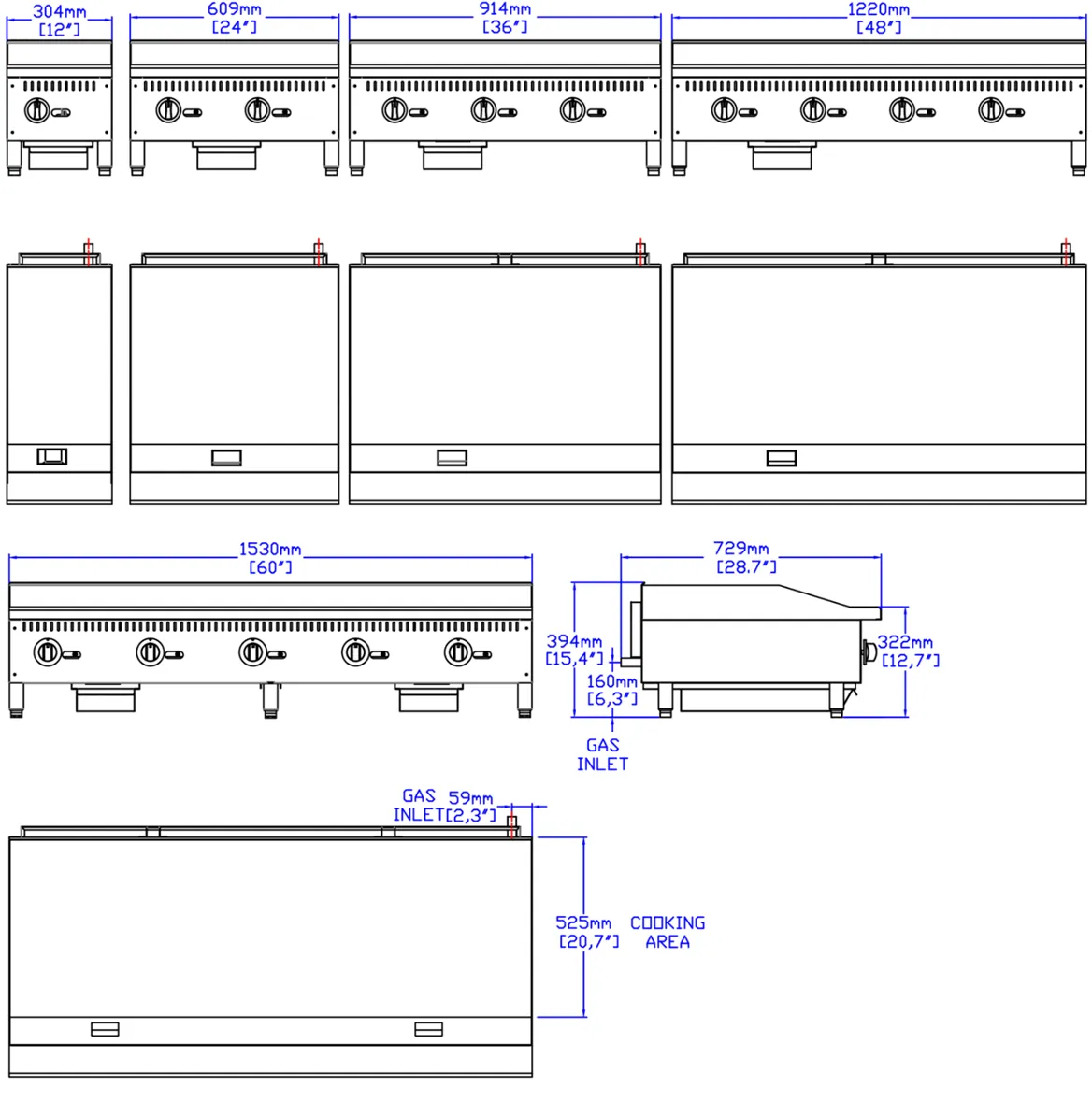 Gas Griddles · Manual Control: dimension drawing