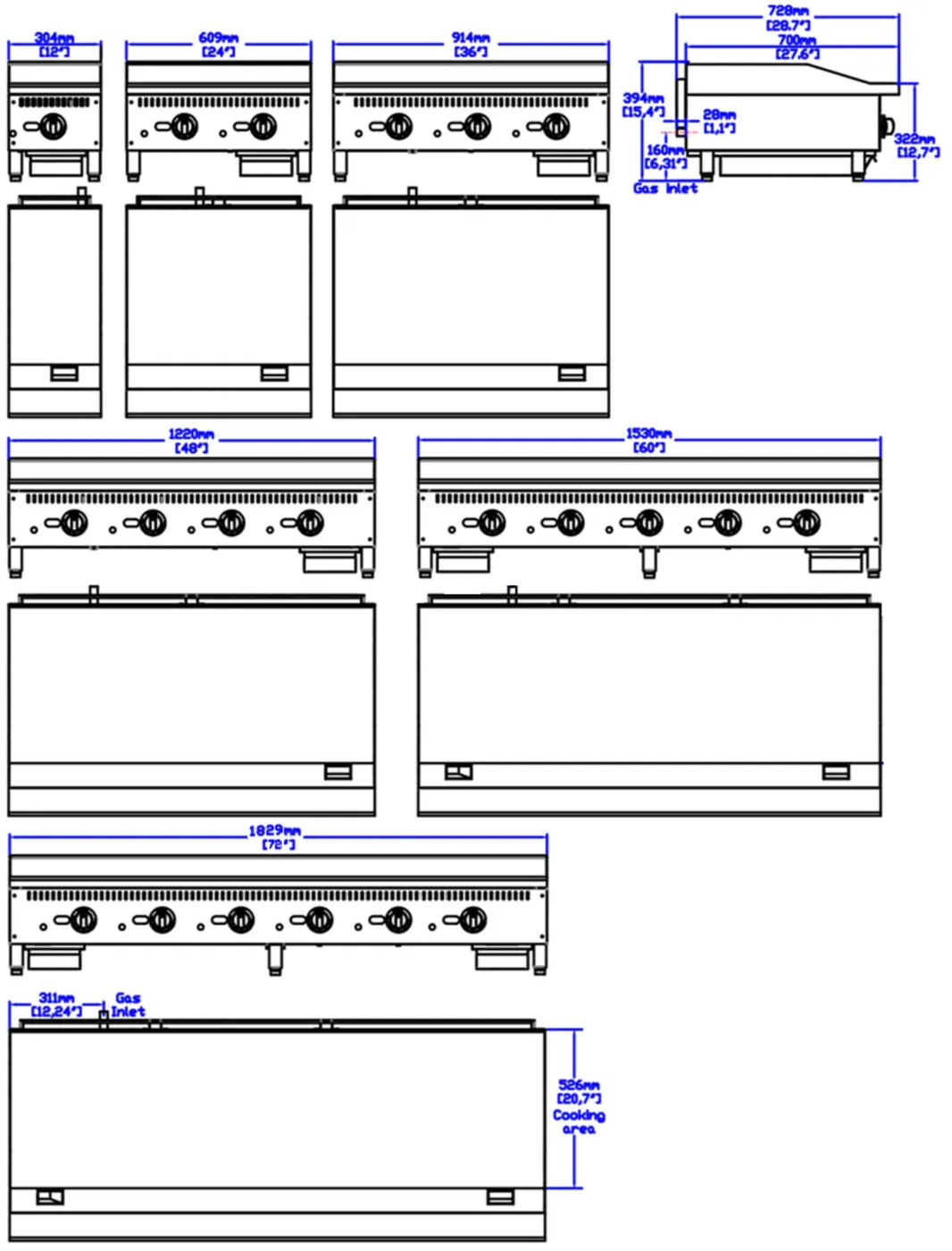 Thermostatic Gas Griddles: dimension drawing