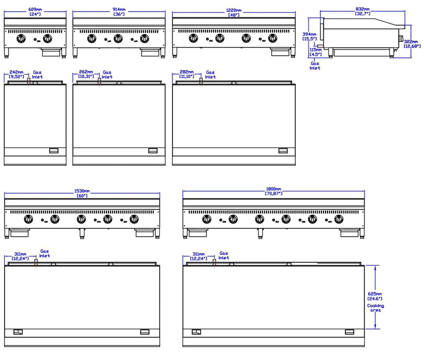 Deep Thermostatic Griddles with Safety Valve: dimension drawing