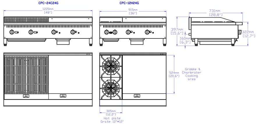 Combination Gas Cooktops: dimension drawing