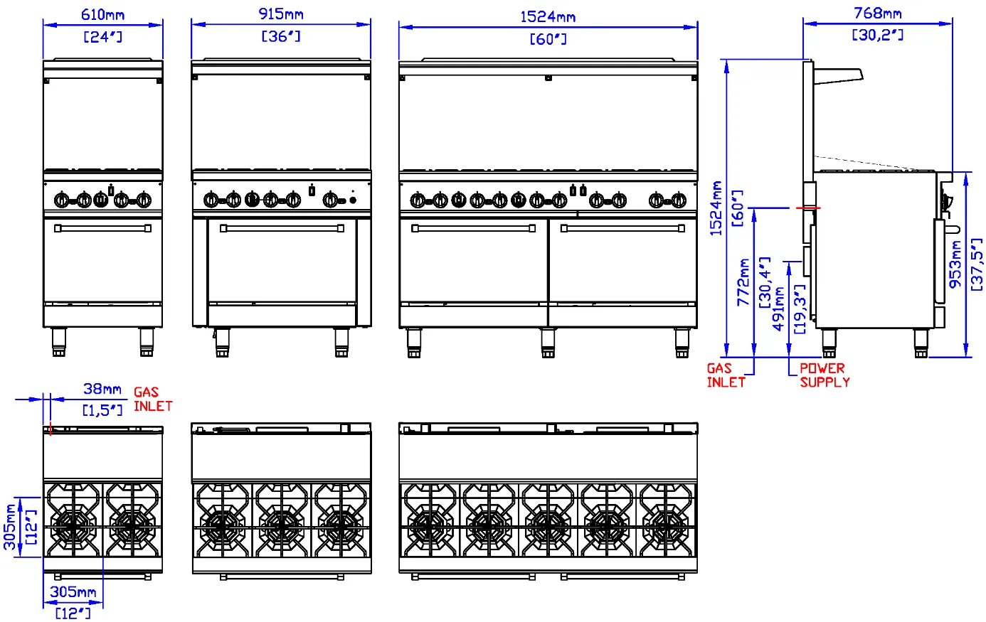 Gas Ranges with Convection Oven: dimension drawing