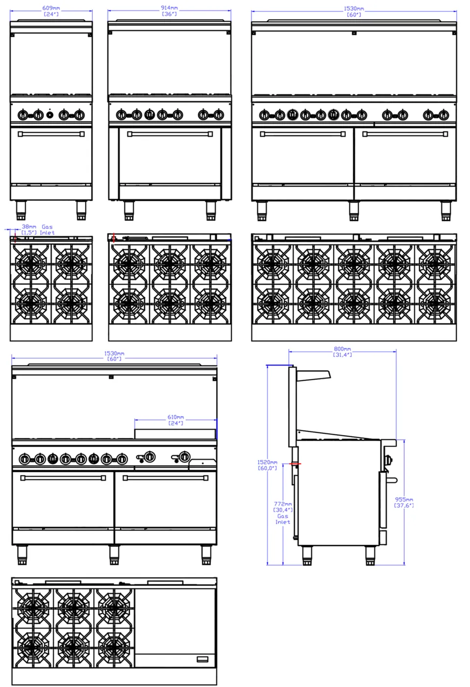 Gas Ranges · CE: dimension drawing