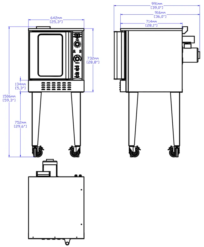 Half-Size Gas Convection Oven: dimension drawing