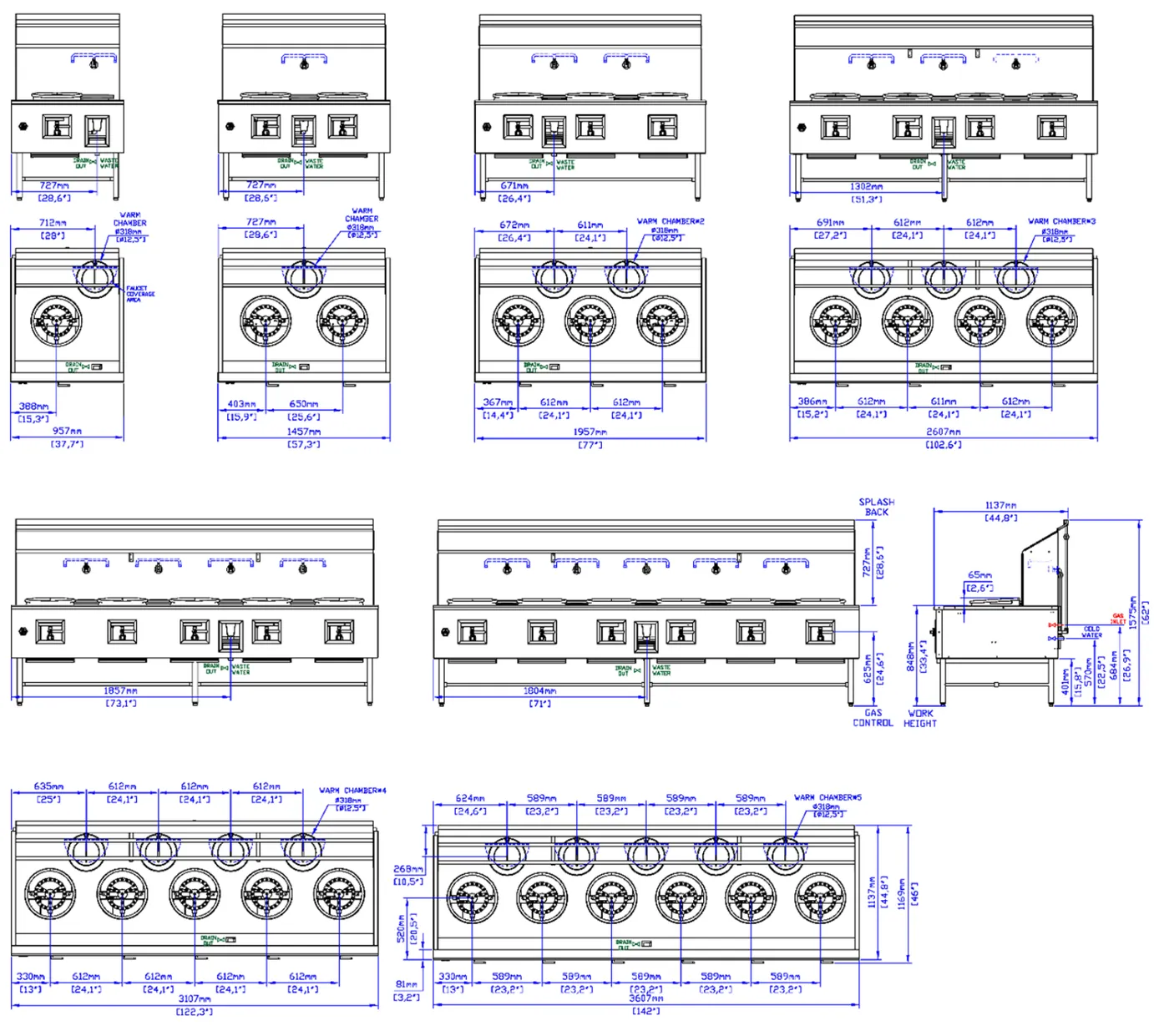 Hong Kong-Style Wok Ranges: dimension drawing