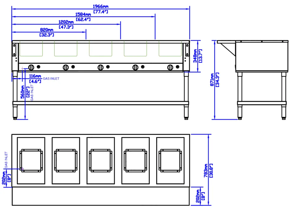 Gas Hot Food Tables: dimension drawing