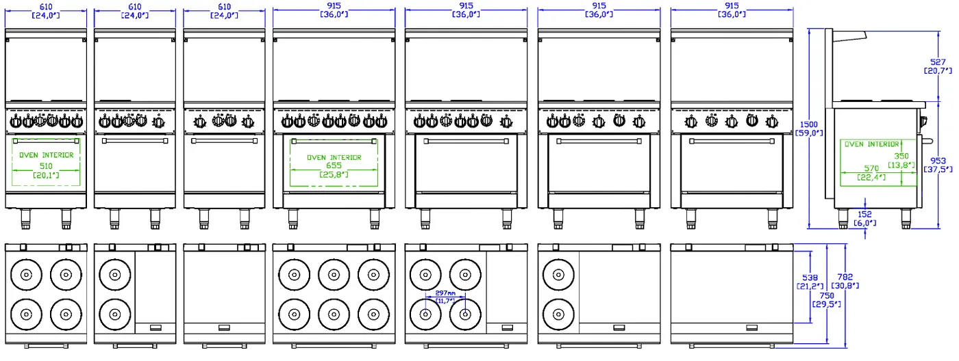 Electric Ranges · 380V: dimension drawing