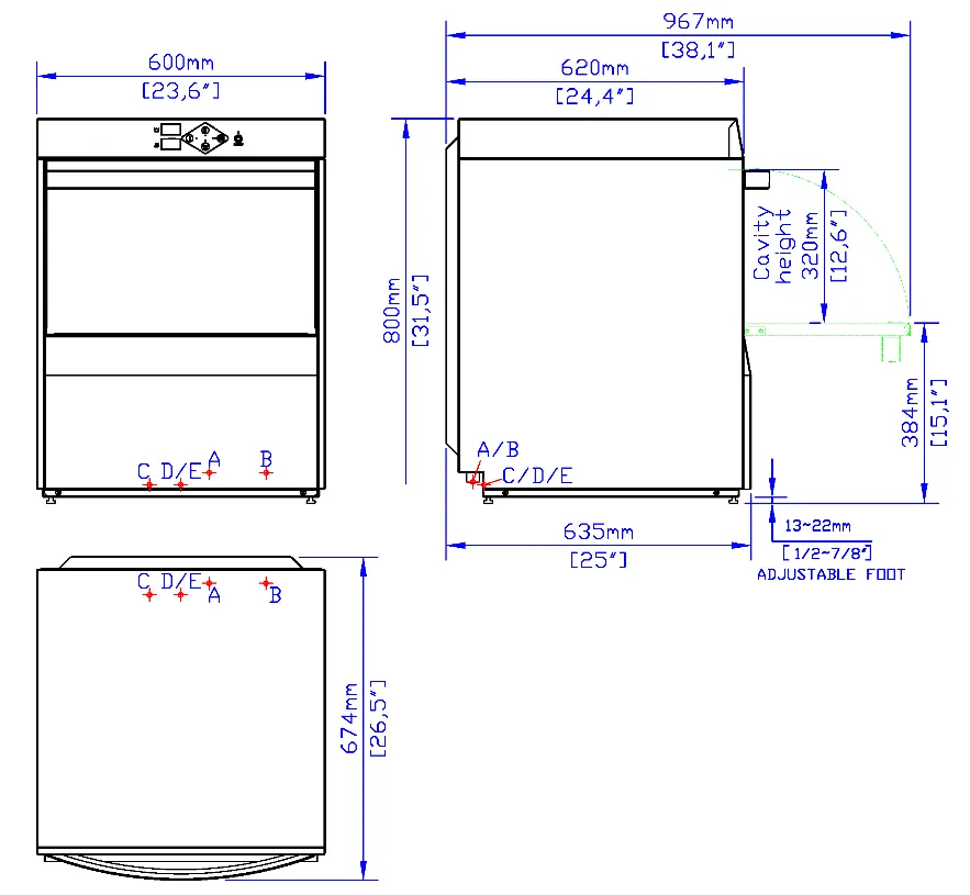 High-Temp Undercounter Dishwasher: dimension drawing