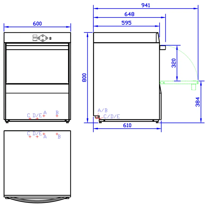 Commercial Undercounter Dishwasher: dimension drawing