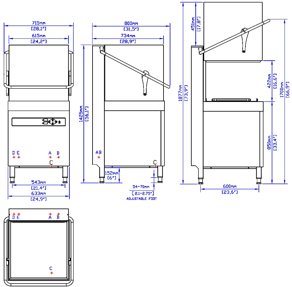 High-Temp Door-Type Dishwasher: dimension drawing